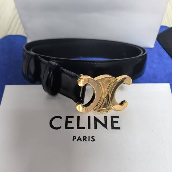 Celine Women's Belt All Black Gold Logo Belt - Picture 1 of 5